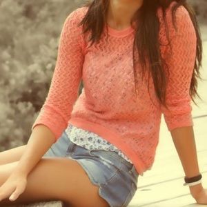Coral High Low Crochet Sweater